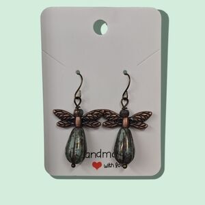 Handmade Czech Glass Angel Earrings With Antique Copper Wings NWT